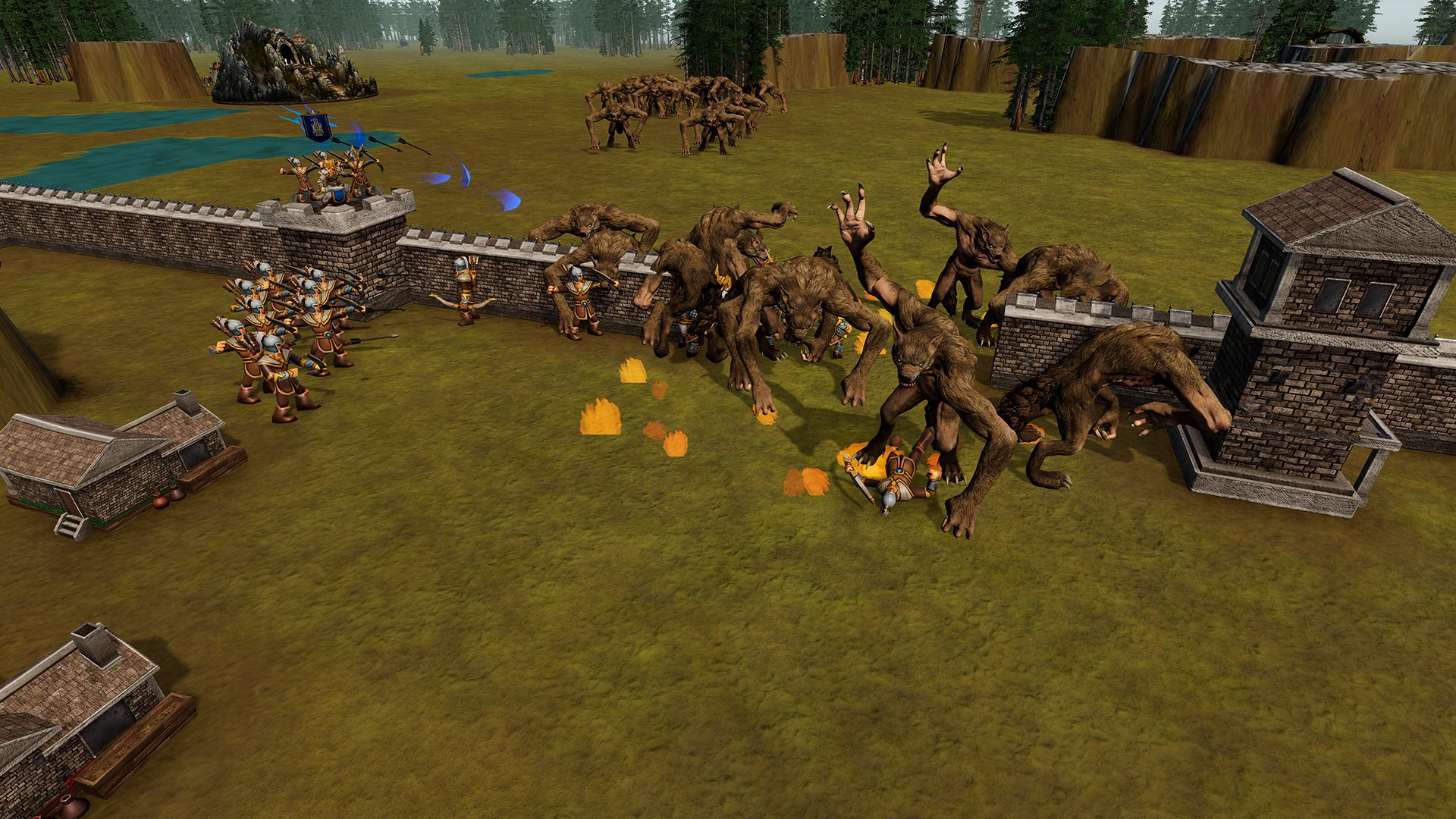 Defenders fighting monsters at a breached wall