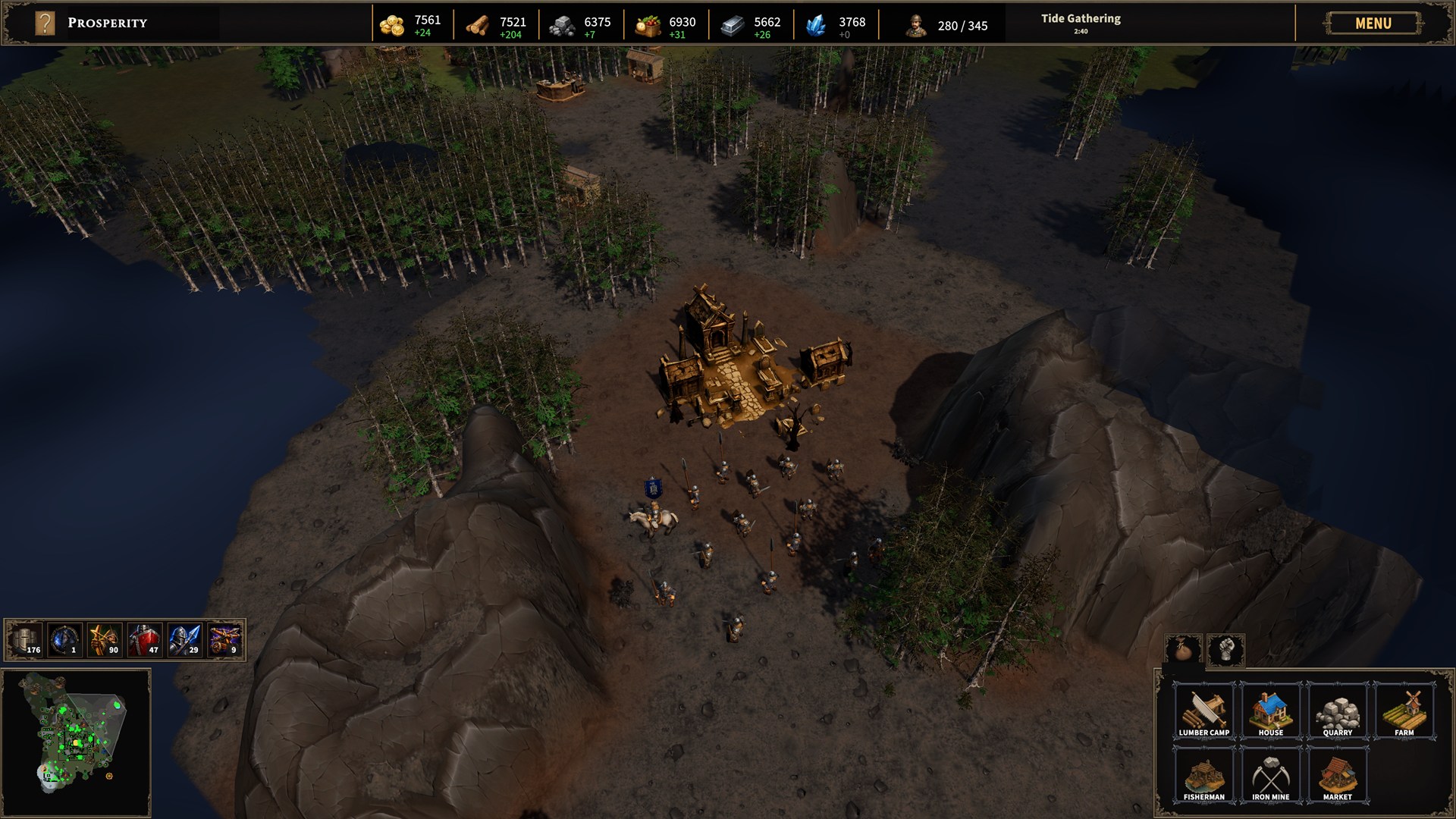 A hero-led army approaching a discovered ruin on a rocky land bridge